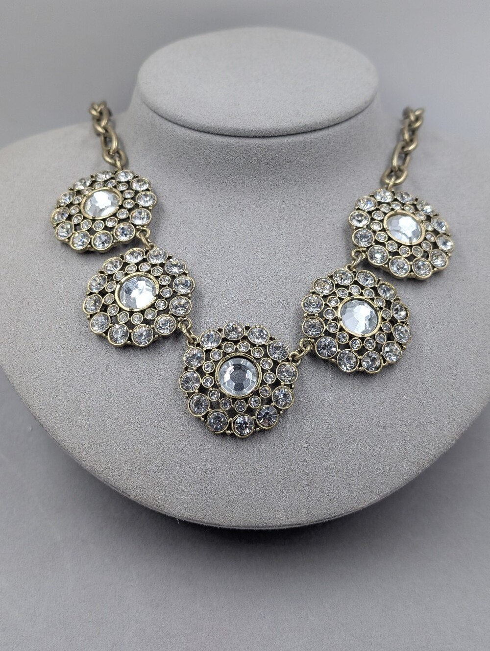 J.Crew Crystal Rosette Medallion Statement Necklace Antique Gold | 0828